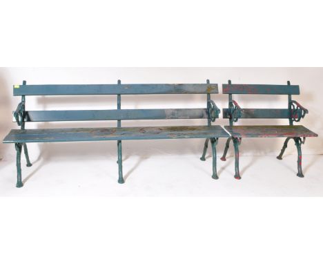 A pair of 20th century painted cast iron &amp; wood outdoor bench &amp; seat. The lot to include a four seats bench together 