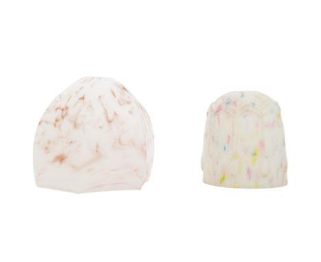 Two vintage mid 20th Century retro glass ceiling wall light lamp shades. With polychrome decorated pattern with shaped glass.