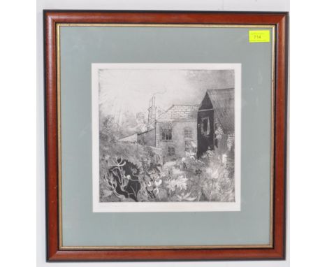 Corrina Gray - A vintage 1970's block print etching entitled Smiths Farm Cottages. Dated 1979. Limited edition 5/30.&nbsp;Mea