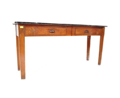 A 19th century French marble and fruitwood console hall table. Raised on squared legs with drawers to the wide frieze having 