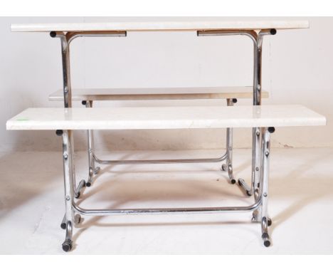 Retro 1980's Formica and chrome kitchenette dining table and bench set. Chrome tubular bases with faux marble tops to the din