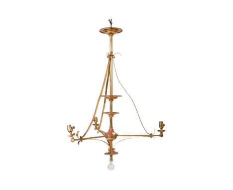 An early 20th century tall brass tiered ceiling light lamp. The light having three arms with curved detailing. It measures 11