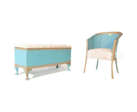 A vintage 20th century circa. 1950's Lloyd Loom wicker ottoman blanket box and bedroom tub chair. Each being in a blue colour