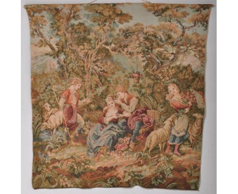 A vintage 20th century wall hanging tapestry to depict a Rococo inspired pastoral scene featuring central couple flanked by s