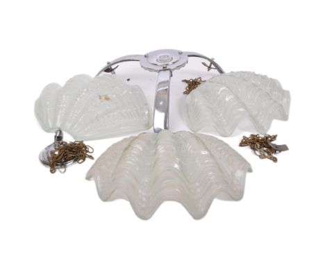 A vintage 20th century circa. 1930's French Art Deco pressed glass and chrome scallop hanging ceiling light shade.&nbsp;