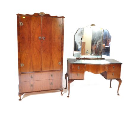 A 1950's post war Queen Anne walnut veneer bedroom suite comprising a dressing table with triptych mirror and a bachelors war