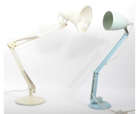 Two vintage retro mid 20th century anglepoise desk top table lamps to include a lamp in power blue colourway and another in w