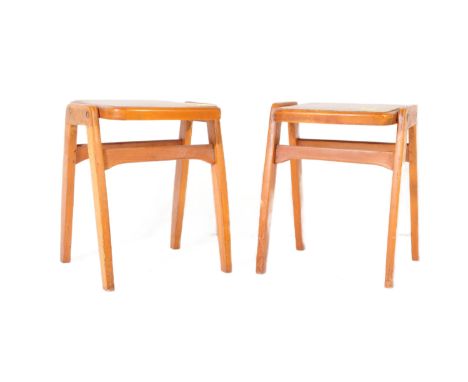 Utility - A pair of mid 20th Century retro vintage oak Stolle stools. Of square form with A frame on a striped vinyl seat. In
