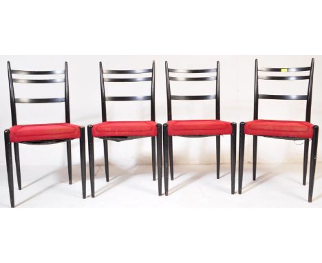 A set of four retro vintage mid 20th century ebonised ladder back dining chairs in the manner of G-Plan Librenza. Each chair 