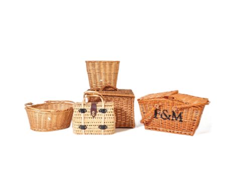A collection of vintage 20th Century wicker picnic basket hampers. To include Fortnum and Masons F&amp;M hamper basket, and h