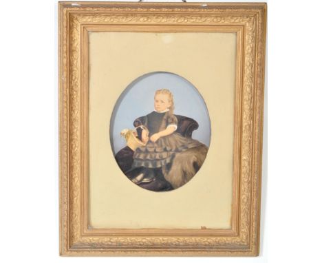 A Victorian 19th Century oil on board portrait study painting. Depicting a blonde child seated with a basket of flowers. With