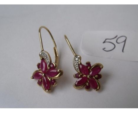 Pair diamond and ruby earrings  (one with broken post)      