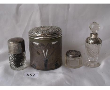 Unusual Art Deco painted green glass jar with  embossed cover 3” high Lon etc     