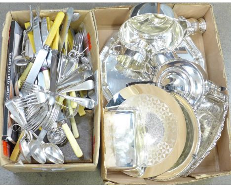 A collection of plated and other flatware, plated tea service, basket, etc. ( 2 boxes)