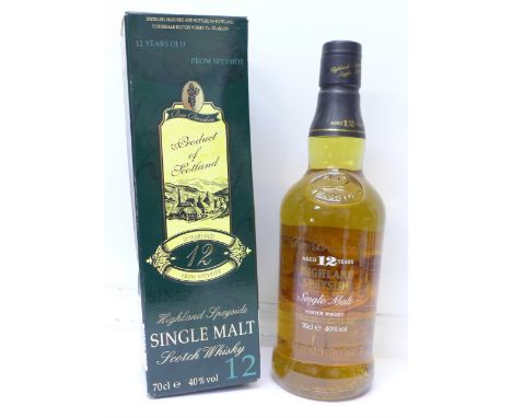 One bottle; Highland Speyside Single Malt Scotch Whiskey, 12 years, 70cl, boxed