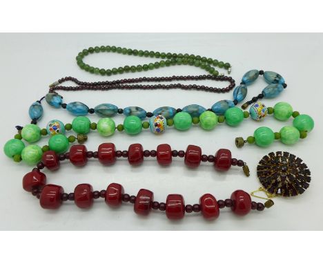 Five vintage necklaces and a brooch