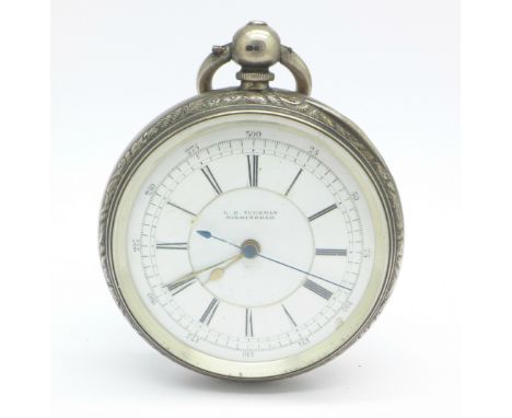 A silver centre seconds chronograph pocket watch, L B Tuchman, Birmingham, lacking button