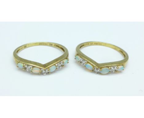 Two 9ct gold, opal and diamond rings, 3.2g, both Q