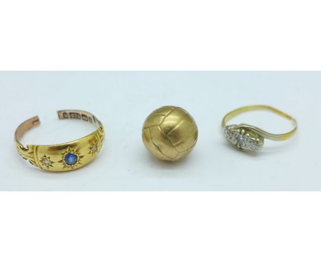 A 9ct gold ring and an 18ct gold ring, both a/f and a 9ct gold football charm, (9ct 2.7g, 18ct 1.6g)