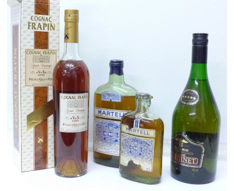 Four bottles;- Martell Very Old Pale Cognac, (0.72cl and one other smaller), Cognac Frapin 70cl and Napoleon Bardinet French 