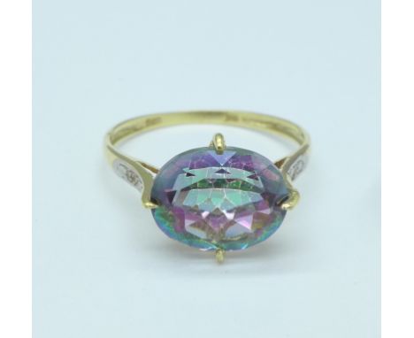 A 9ct gold and mystic topaz ring, lacking one small diamond, 1.8g, O