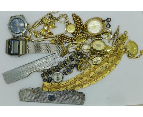 Costume jewellery and wristwatches including a 9ct gold on metal core bracelet and two comb backs