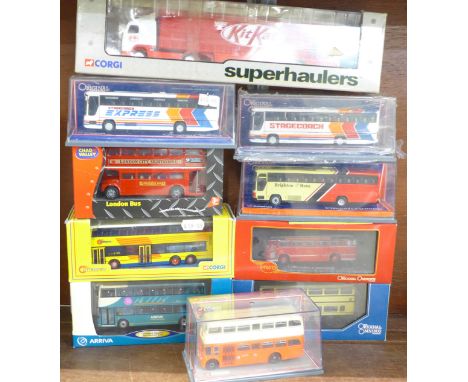Nine model buses including Corgi and one Chad Valley London Bus, and one model Corgi Superhaulers, all boxed, (10)