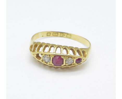 An 18ct gold, ruby and diamond ring, lacking one ruby, Chester 1913, 2.1g, M