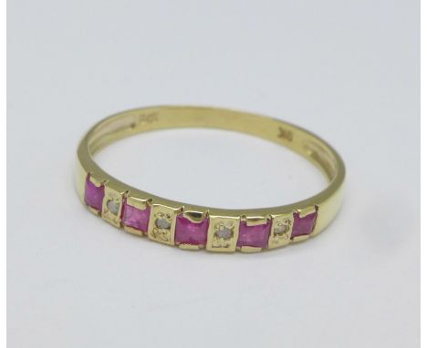 A 9ct gold, ruby and diamond ring, 1g, O