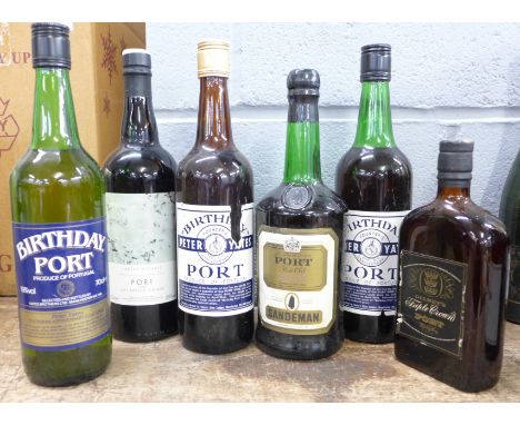 Six bottles of Port;- three bottles of Peter Yates Birthday Port, a Sandeman Fine Old Ruby Port, Harvey Nichols 1997 Late Bot