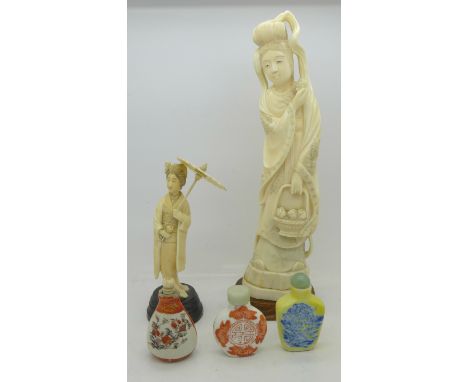 Two ivory figures and three ceramic scent bottles including two Kutani