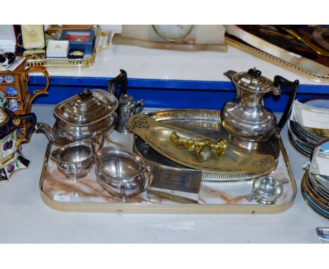 A TRAY WITH VARIOUS EPNS WARE, GALLERY TRAY, TEA SERVICE, CANDLE STICKS, QUAICH ETC     