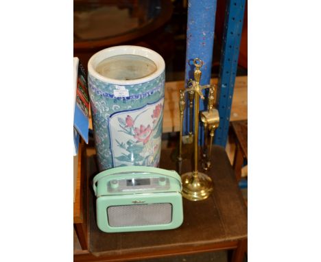 AN ORIENTAL STYLE STICK STAND, BRASS COMPANION SET &amp; VINTAGE STYLE RADIO     