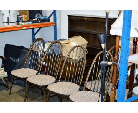 AN 8 PIECE ERCOL DARK OAK DINING SET COMPRISING SHELF UNIT, TABLE &amp; 6 CHAIRS     