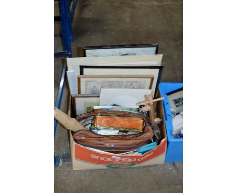 A BOX CONTAINING VARIOUS PICTURES, ARTISTS EASEL, PAINTS ETC     