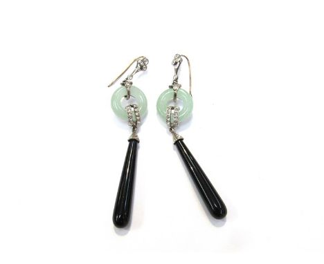 A pair of Art Deco jade and onyx torpedo earrings, 7.5cm long