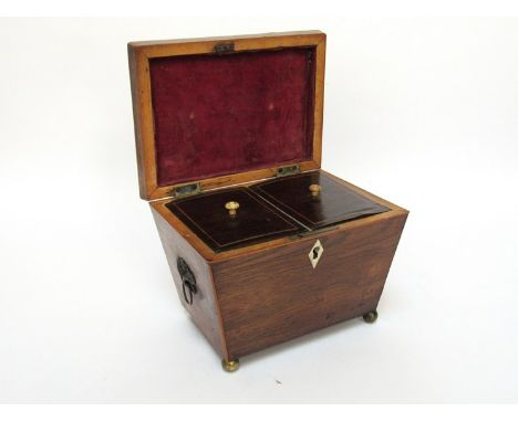A Rosewood tea caddy with drop ring handles, 19cm long