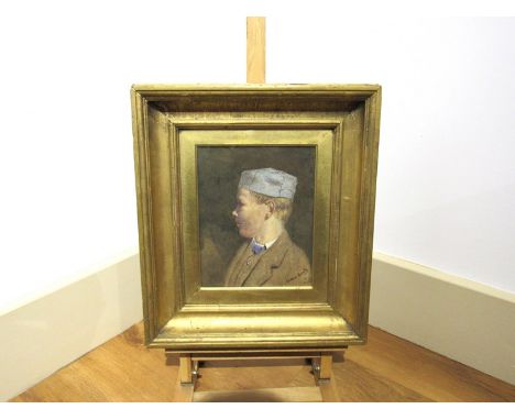 CUTHBERT GRUNDY: Portrait of young boy in hat, jacket and waistcoat, watercolour, gilt framed, 21.5cm x 17cm. (Oxburgh Hall c