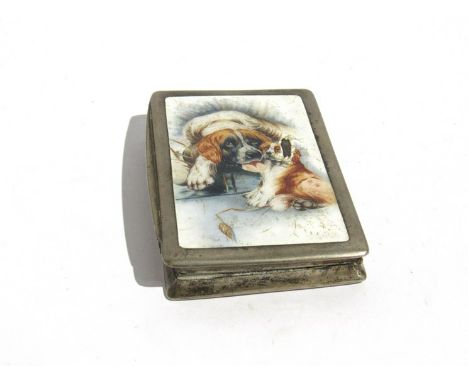 white metal enamel fronted box with St. Bernards to front (damaged)