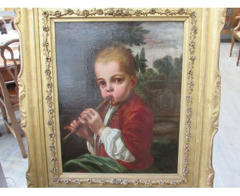 An 18th Century portrait of young boy playing the flute, various areas of cracking present, 45cm x 35cm