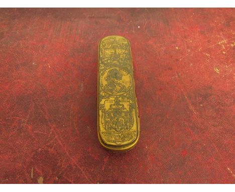 An 18th Century Prussian brass tobacco box with central portrait of Frederick II, 31.5cm long. (Oxburgh Hall collection)