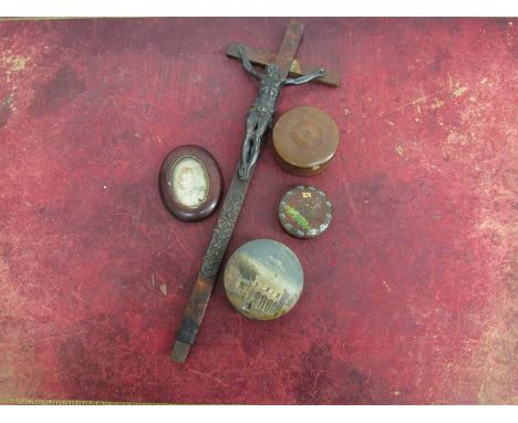 Treen pots, crucifix and miniature portrait (5). (Oxburgh Hall collection)