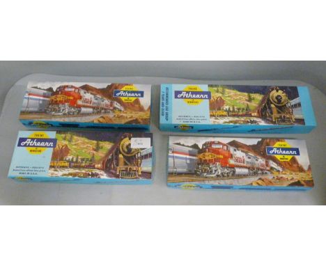 Four Athearn model rail locomotives, New York Central, Union Pacific, Amtrak and B &amp; O 