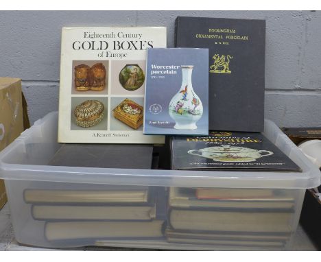 A box of books on pottery and china, English Porcelain 1745-1850, Chamberlain-Worcester Porcelain 1788-1852, Eighteenth Centu