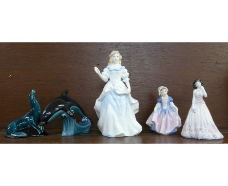 A Royal Doulton figure, Laura,  a small Coalport figure, Jane, one other small Royal Doulton figure, Dinky Do and a Poole pot