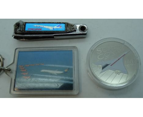 Concorde pen knife tool, Airtours International keyring + 2009 £5 Supersonic coin 