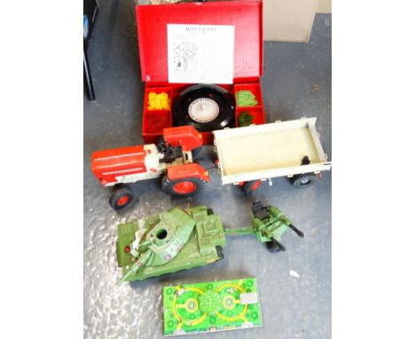 Battery plastic tractor & trailer, plastic tank, tin plate toy & roulette game 