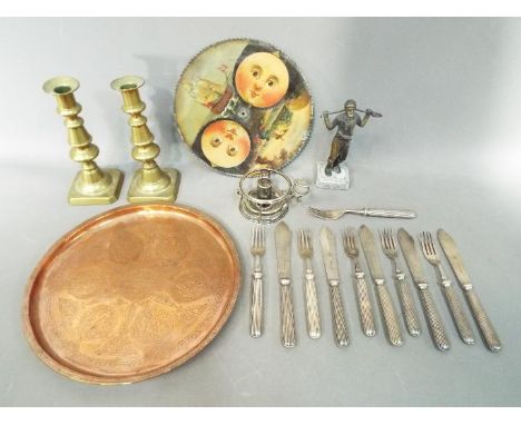 A mixed lot to include a copper tray, Elkington &amp; Co  silver plated chamber stick, loose Walker &amp; Hall flatware stamp