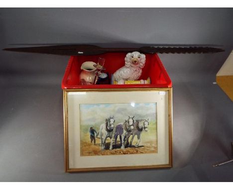 A mixed lot to include candle stick, glassware, fireside dog, an African spear, a watercolour  depicting a ploughing scene mo