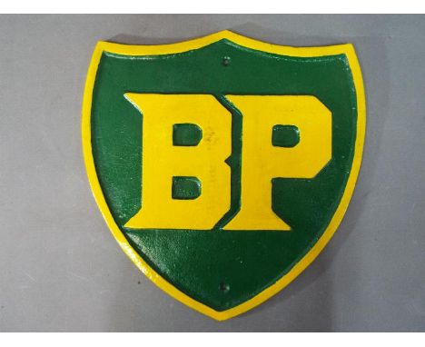 A large cast iron BP sign approximately 34 cm x 33 cm. [YBPL] This lot must be paid for and removed no later than close of bu